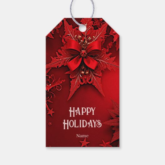 レッドリボンフローラホリデークリスマス ギフトタグ (正面)
