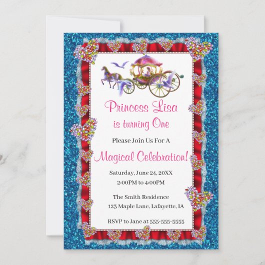 レッドリボンブルーグリッター王室のプリンセス誕生日 招待状 (正面)