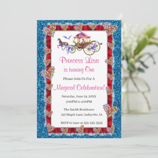 レッドリボンブルーグリッター王室のプリンセス誕生日 招待状 (スタンド正面)