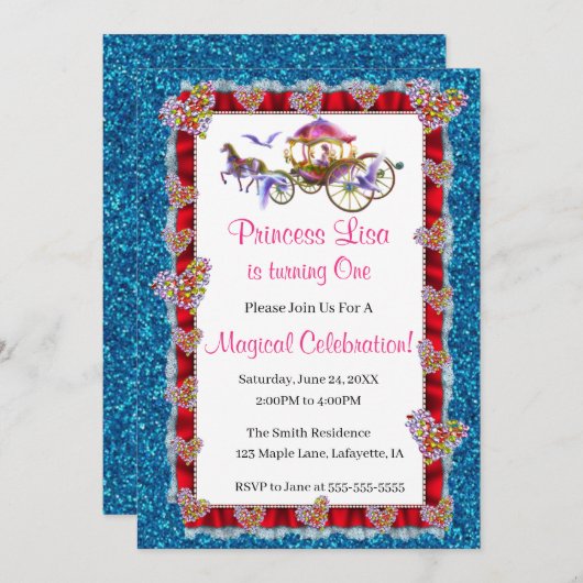 レッドリボンブルーグリッター王室のプリンセス誕生日 招待状 (正面/裏面)
