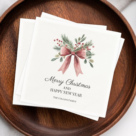 レッドリボンボウウォーター色シンプルホリーホリデイ スタンダードカクテルナプキン