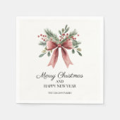 レッドリボンボウウォーター色シンプルホリーホリデイ スタンダードカクテルナプキン (正面)