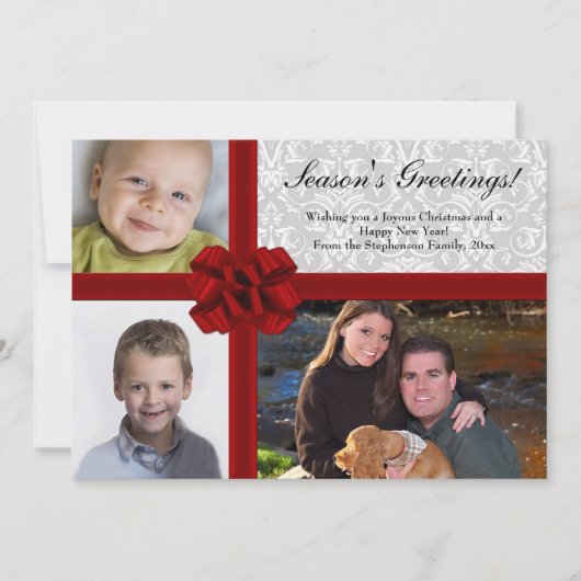 レッドリボンボウ、3枚の写真付きホリデーグリーティングカード シーズンカード (正面)