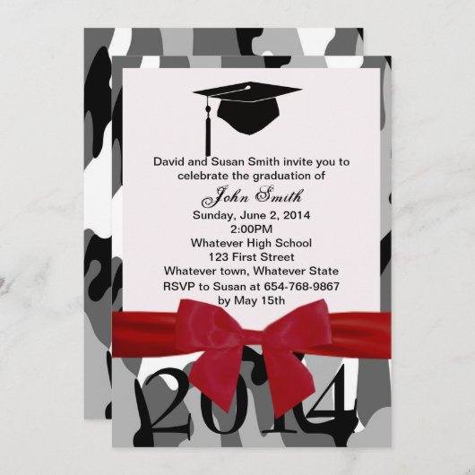 レッドリボン及びグレー迷彩柄卒業招待状 招待状 (正面/裏面)