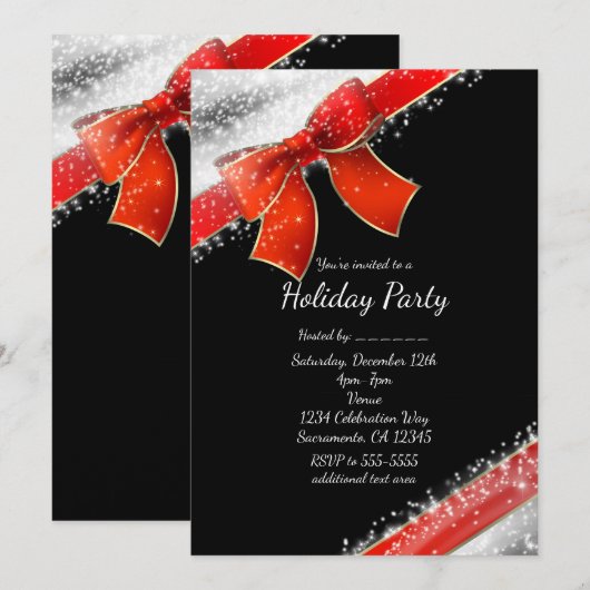 レッドリボン & スパークル シック ブラック ホリデー インビテーション (正面/裏面)