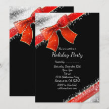 レッドリボン & スパークル シック ブラック ホリデー インビテーション