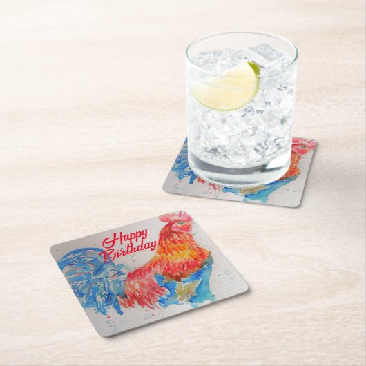 レッドルースターウォーター絵を描カラーズアート誕生日 スクエアペーパーコースター (インサイチュ)