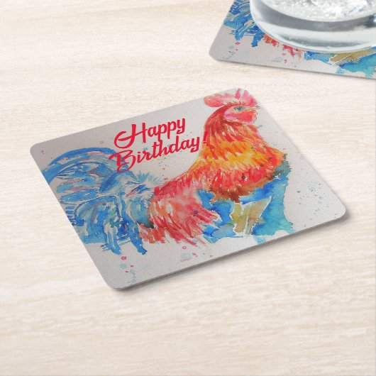 レッドルースターウォーター絵を描カラーズアート誕生日 スクエアペーパーコースター (アングル)