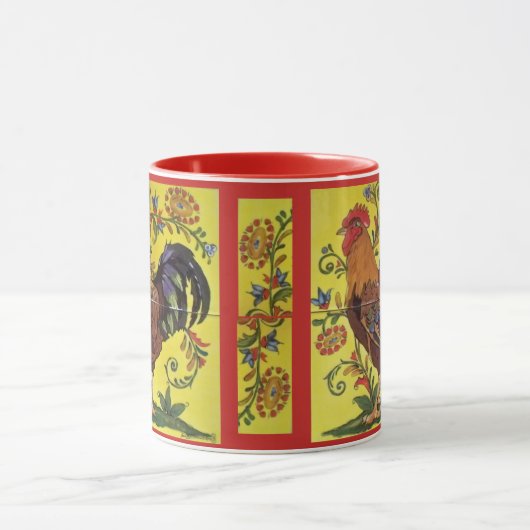 レッドルースターチキンフォークアートマグイエローフローラ マグカップ (中央)