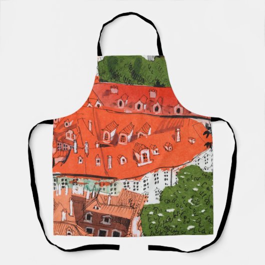 レッドルーフプラハチェコの街並みコラージスケッチ エプロン (正面)