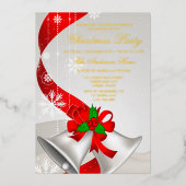 レッドループエレガントシルバーベルズクリスマス招待状 箔招待状 (正面)