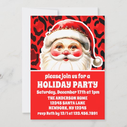 レッドレオパードプリントレトロサンタクリスマスパーティー 招待状 (正面)