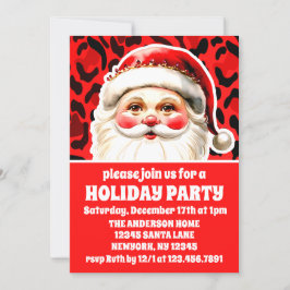 レッドレオパードプリントレトロサンタクリスマスパーティー 招待状