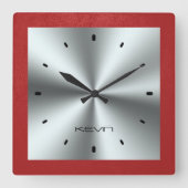 レッドレザーおよびメタリックステンレス鋼 スクエア壁時計 (正面)