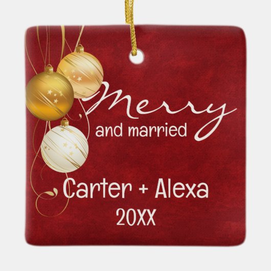 レッドレザー初めてのクリスマス 結婚した セラミックオーナメント (正面)