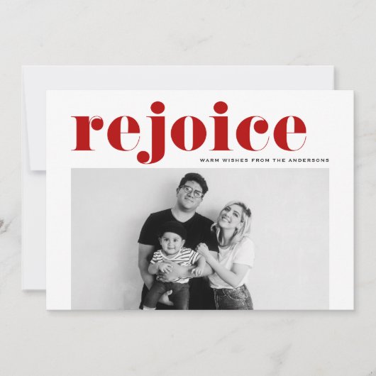 レッドレジョイスはっきりしたタイポグラフィモダン写真クリスマス シーズンカード (正面)