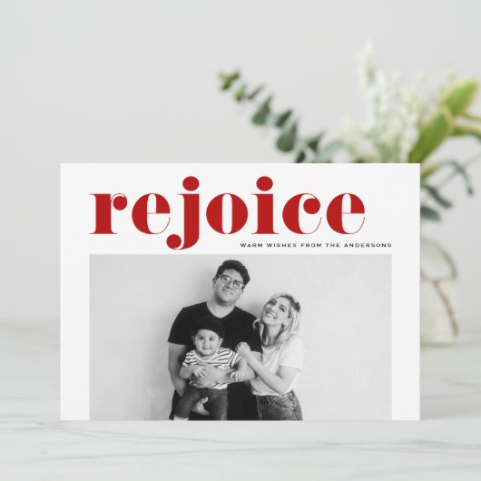 レッドレジョイスはっきりしたタイポグラフィモダン写真クリスマス シーズンカード (スタンド正面)