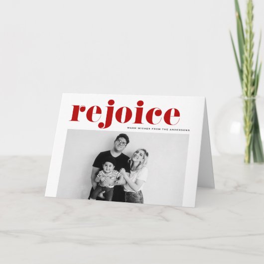 レッドレジョイスはっきりしたタイポグラフィモダン写真クリスマス シーズンカード (正面)