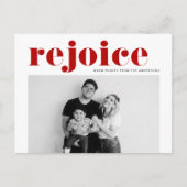 レッドレジョイスはっきりしたタイポグラフィモダン写真クリスマス シーズンポストカード (正面)