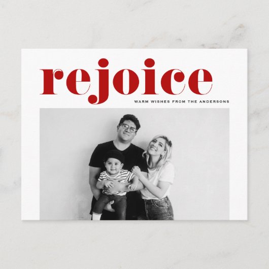 レッドレジョイスはっきりしたタイポグラフィモダン写真クリスマス シーズンポストカード (正面)