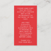 レッドレストラン食品アレルギー警告キッズキッズ コーリングカード (裏面)