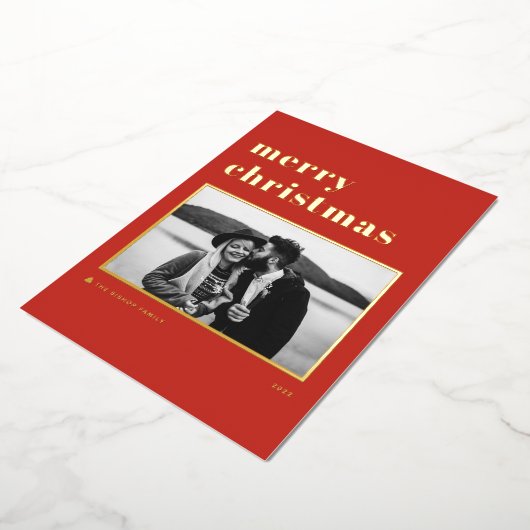 レッドレトロはっきりしたタイポグラフィメリークリスマスフォト 箔シーズンカード (回転した状態)