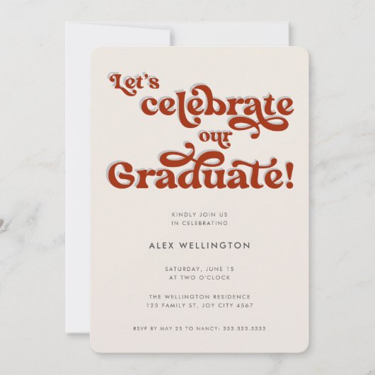レッドレトロインスパイアタイポグラフィ卒業パーティー 招待状 (正面)