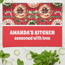 レッドレトロクリスマスドナッツレッドタータンチェックプレイド キッチンタオル