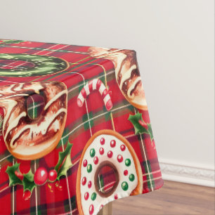 レッドレトロクリスマスドナッツレッドタータンチェックプレイド テーブルクロス