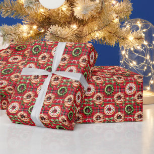 レッドレトロクリスマスドナッツレッドタータンチェックプレイド ラッピングペーパー