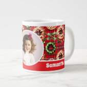 レッドレトロクリスマスドーナツ赤タータンチェック格子写真 ジャンボコーヒーマグカップ (正面右)