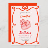 レッドレトロケーキ誕生日 招待状 (正面/裏面)