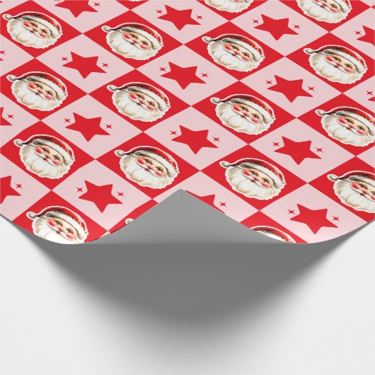 レッドレトロサンタクロース赤タータンチェックプレイドクリスマス ラッピングペーパー (角)