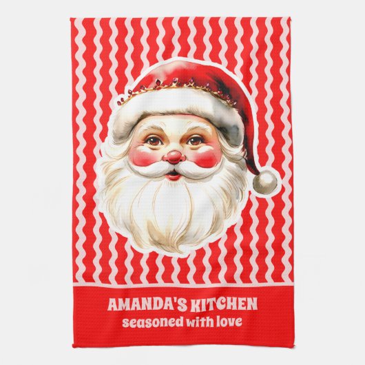 レッドレトロサンタクロース赤Ric Racクリスマス キッチンタオル (縦)