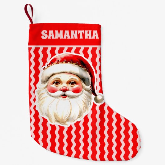 レッドレトロサンタクロース赤Ric Racクリスマス スモールクリスマスストッキング (正面)