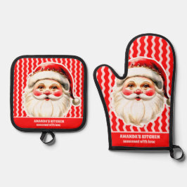 レッドレトロサンタクロース赤Ric Racクリスマス 鍋つかみ&鍋敷きセット