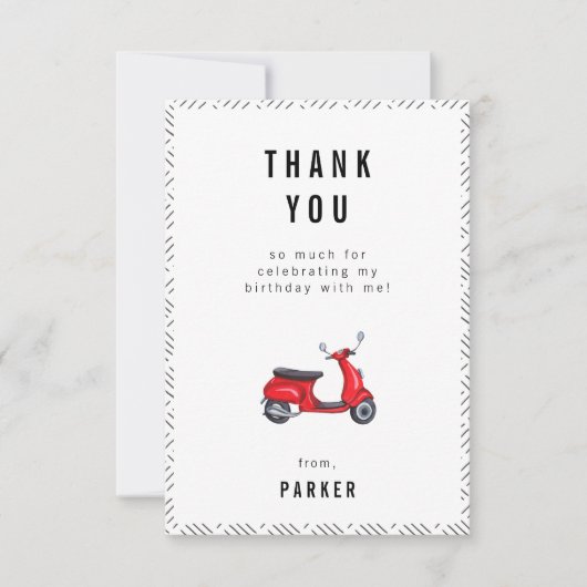 レッドレトロスクーター テーマの誕生日お礼カード サンキューカード (正面)