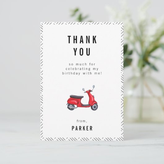 レッドレトロスクーター テーマの誕生日お礼カード サンキューカード (スタンド正面)