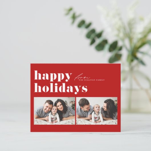 レッドレトロタイポグラフィハッピーホリデーズツーフォト シーズンポストカード (スタンド正面)