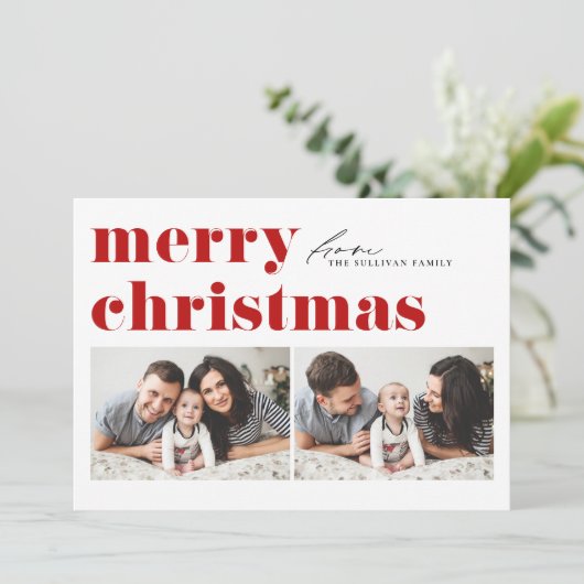 レッドレトロタイポグラフィメリークリスマスツーフォト シーズンカード (スタンド正面)