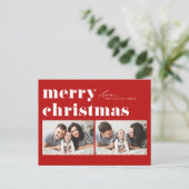 レッドレトロタイポグラフィメリークリスマスツーフォト シーズンポストカード (スタンド正面)