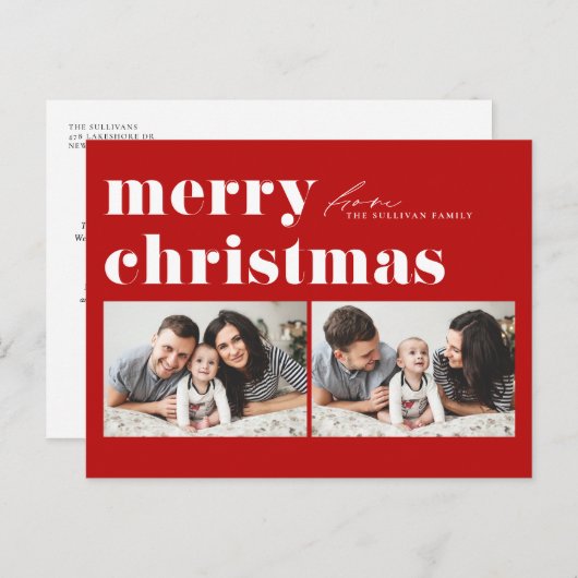 レッドレトロタイポグラフィメリークリスマスツーフォト シーズンポストカード (正面/裏面)