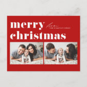 レッドレトロタイポグラフィメリークリスマスツーフォト シーズンポストカード (正面)