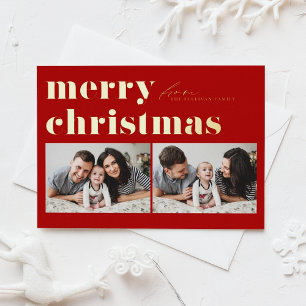 レッドレトロタイポグラフィメリークリスマスツーフォト 箔シーズンポストカード