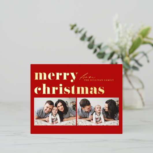 レッドレトロタイポグラフィメリークリスマスツーフォト 箔シーズンポストカード (立ち正面)