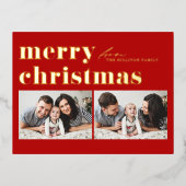 レッドレトロタイポグラフィメリークリスマスツーフォト 箔シーズンポストカード (正面)