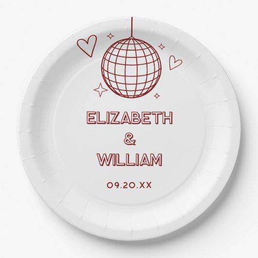 レッドレトロディスコ結婚Groovy 70s ペーパープレート (正面)