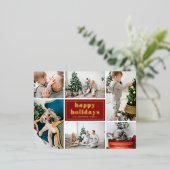 レッドレトロハッピーホリデーズフォトコラージュ 箔シーズンポストカード (立ち正面)