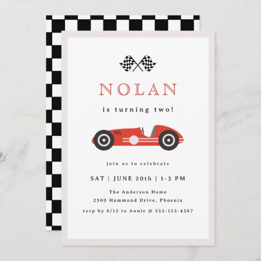 レッドレトロレースカーテーマ誕生日 招待状 (正面/裏面)