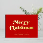レッドレトロヴィンテージフォントメリークリスマス 箔シーズンカード (立ち正面)